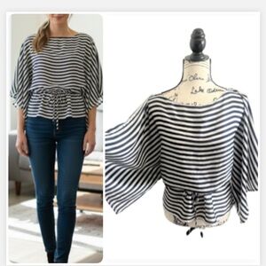 Chaps Chic and Elegant  Blue and White  Striped cinched waist Blouse